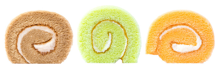 Set of cake roll slices ( brown cocoa or chocolate, orange, green pandan, ) with cream isolated on white background. 