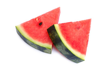 Closeup two slices of red watermelon isoated on white background with clipping path.