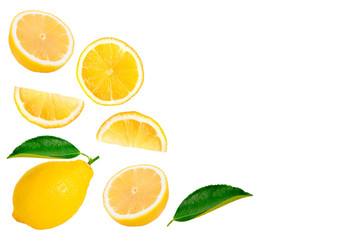 Whole and half slice of ripe fresh lemon on white.