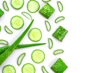 Closeup green fresh organic aloe vera and cucumber slices pattern texture for background. Natural...