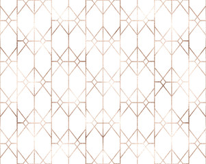 Fototapeta premium Art deco seamless pattern with rose gold geometric shapes and golden glitter texture. 