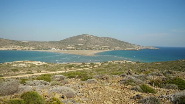 Panoramic view of Rhodes from Prasonisi Island, Where Aegean Sea meets the Mediterranean, Greece