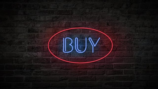 Flashing red and blue BUY sign on and off with flicker on a brick wall