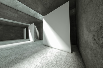3D rendering empty concrete room, pedestal for display, stand gallery light spot. mockup, layout.