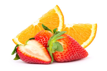 Pile of fresh organic orange fruit with slice and red ripe strawberry berry isolated on white...