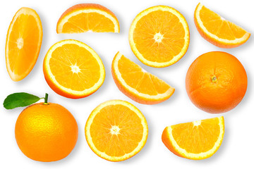Whole and slice orange fruit isolated on white.
