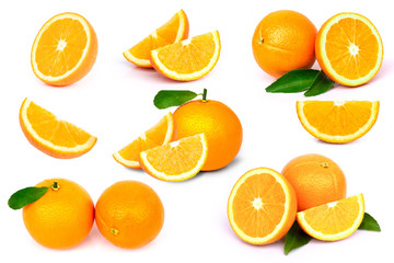 Set of fresh organic orange fruits isolated on white background.