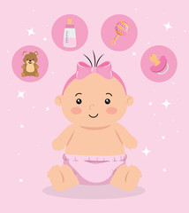 cute little baby girl with set icons vector illustration design