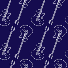 Guitar seamless pattern. Stringed musical instrument. Vector illustration of hand drawn acoustic guitar on a blue background