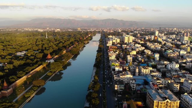 Aerial view to Nandawun Park and the cityscape of Mandalay, Myanmar