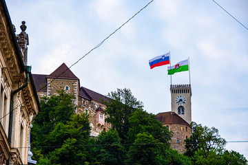 View to the castle and houses in the center of the Ljubljana in Slovenia during wonderfull day
