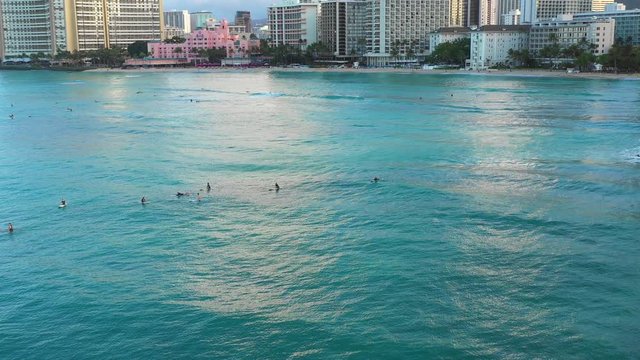 A group of surfers wait, floating in the Hawaiian ocean for the perfect wave. A calm Waikiki morning goes by in the background.