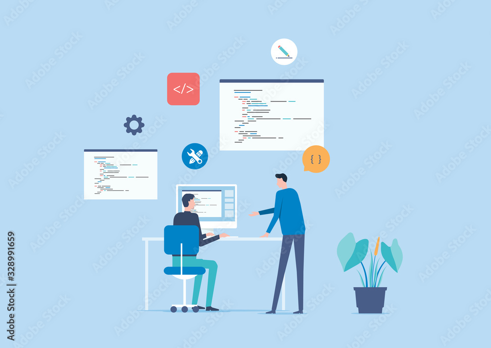 Aufkleber flat vector application and software developer team working concept