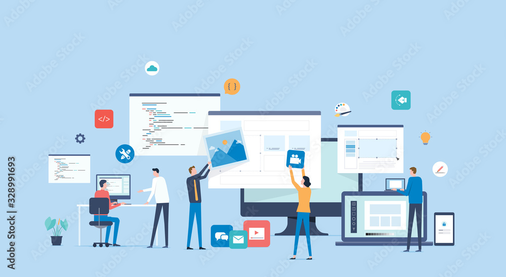 Aufkleber flat vector  software developer team working and meeting process concept 