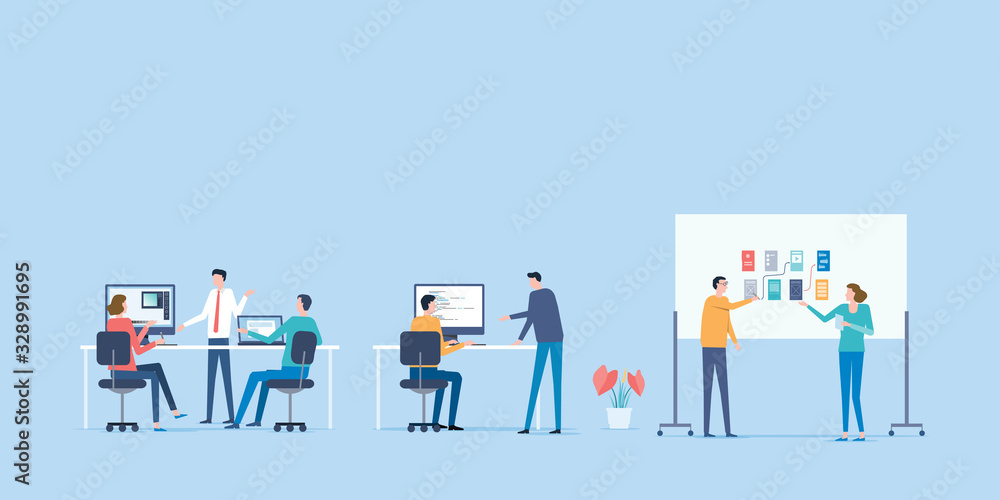Poster flat vector business team working and project collaboration process meeting concept