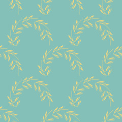 Arches of ripe oat ears on a blue -green background. Vector seamless model with oatmeal . Hand-drawn illustration of a healthy lifestyle