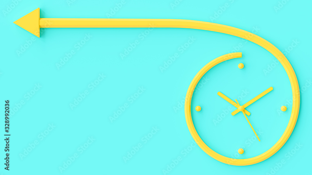 Poster yellow clock resembles arrow on wall blue background and copy space for your text. 3d render.