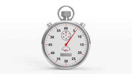 Vintage stopwatch made from metal that looks glossy on white background. Clipping path and copy space for your text, 3D Render.