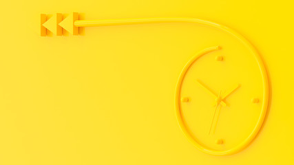Yellow Clock resembles arrow on wall yellow background  and copy space for your text. Minimal idea concept, 3D render.