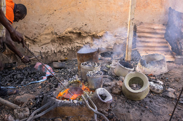Bronze melting in a workshop of Ouagadougou, Burkina Faso