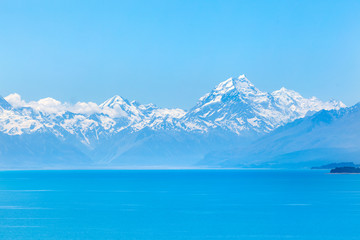 Azure waters of Lake Pukaki with mighty Mt Cook on the horizon, South Island, New Zealand