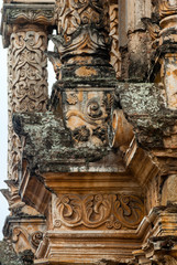 Fototapeta na wymiar Architecture detail facades and columns of Our Lady of Carmen Church, Antigua Guatemala, Spanish Baroque, The origins of this building date from 1638, destroyed by four earthquakes