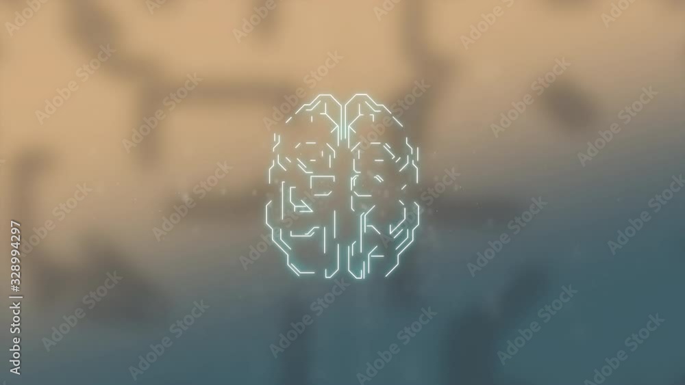 Poster animated 3d model of human brain over light blurred background and pulsing electrical brainwaves.