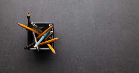 Office desk table with supplies