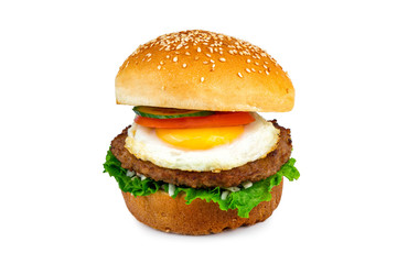 Close-up fried egg burger on white isolated background