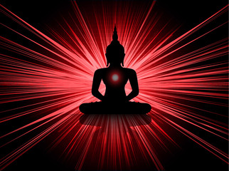 Black Buddha silhouette against Dark red background. yoga
