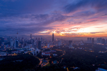 Aerial Panoramic view of Kuala Lumpur with majestics sunrise at changkat tunku.