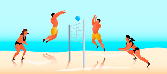 Men and women play beach volleyball against a blue sky background. Flat vector illustration.