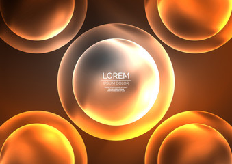 Glowing neon shiny transparent bubbles, glass circles or bio cell concept. Techno futuristic vector abstract background For Wallpaper, Banner, Background, Card, Book Illustration, landing page