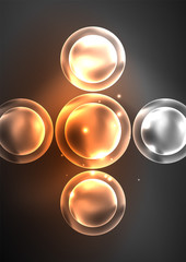 Glowing neon shiny transparent bubbles, glass circles or bio cell concept. Techno futuristic vector abstract background For Wallpaper, Banner, Background, Card, Book Illustration, landing page