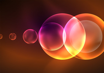 Glowing neon shiny transparent bubbles, glass circles or bio cell concept. Techno futuristic vector abstract background For Wallpaper, Banner, Background, Card, Book Illustration, landing page