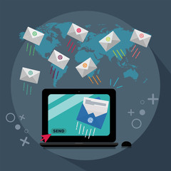 flying envelope. Concept of direct digital marketing, e mail advertising communication. Newsletter promotion campaign vector illustration