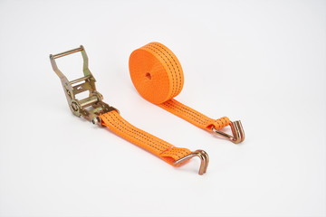 The sling for fastening cargoes is isolated on a white background.tie down strap ratchet