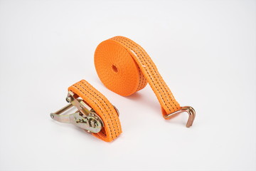 The sling for fastening cargoes is isolated on a white background.tie down strap ratchet