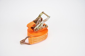 The sling for fastening cargoes is isolated on a white background.tie down strap ratchet