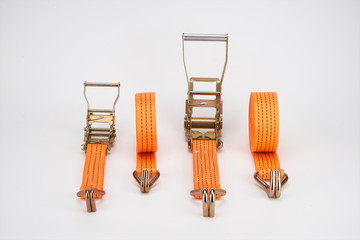 The sling for fastening cargoes is isolated on a white background.tie down strap ratchet