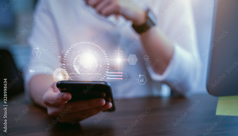 Poster stock exchange market concept, hand trader holding smartphone with graphs analysis candle line on bo