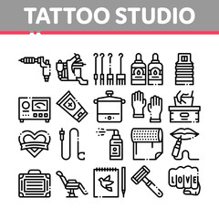 Tattoo Studio Tool Collection Icons Set Vector. Tattoo Studio Machine And Razor Equipment, Chair And Case, Cream And Ink Bottles Concept Linear Pictograms. Monochrome Contour Illustrations
