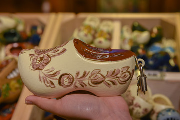 Clogs for sale at a Dutch retail shop. Wooden shoes are a well know traditional souvenir from Netherlands