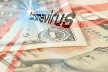 Flagge von USA, Dollar Geldschein und Coronavirus