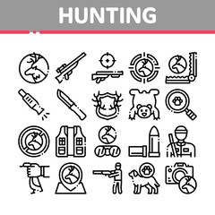 Hunting Equipment Collection Icons Set Vector. Hunting Gun And Knife, Bullet And Trap, Dog And Deer, Photo Camera And Magnifier Concept Linear Pictograms. Monochrome Contour Illustrations