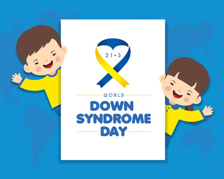 21 march - World Down Syndrome Day poster. Cartoon down syndrome children with copy space and world map. Down Syndrome Awareness vector illustration.