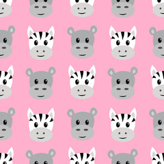 Seamless pattern with cartoon hippo and zebra.Children print, textile design.