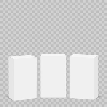 White cardboard box mock up on transparent background. Set of cosmetic or medical packings. Vector