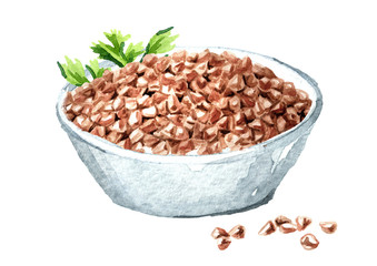 Bowl of Buckwheat grains with parslet leaf. Hand drawn watercolor illustration  isolated on white background