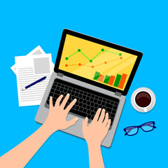 Top view of working on laptop. Business objectives goals progress improvement concept. Vector illustration on blue background.
